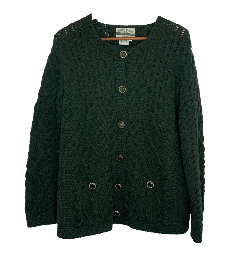 Women's Medium Aran Crafts Lumber Green Cable Knit Wool Irish Cardigan